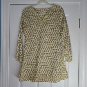 Boho floral print cream 100% cotton lightweight tunic top coverup beach S/M